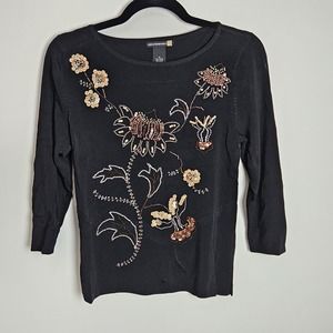 Sweaterworks Women's Size M Embellished Top Beaded Sequin Metallic Floral Blouse